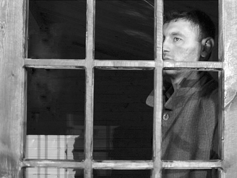 man looking through window